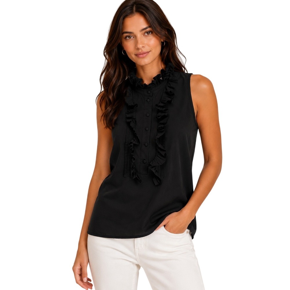 J.Crew Silk Ruffle Neck 2 Black Sleeveless Tuxedo Pleated Top Preppy Minimalist